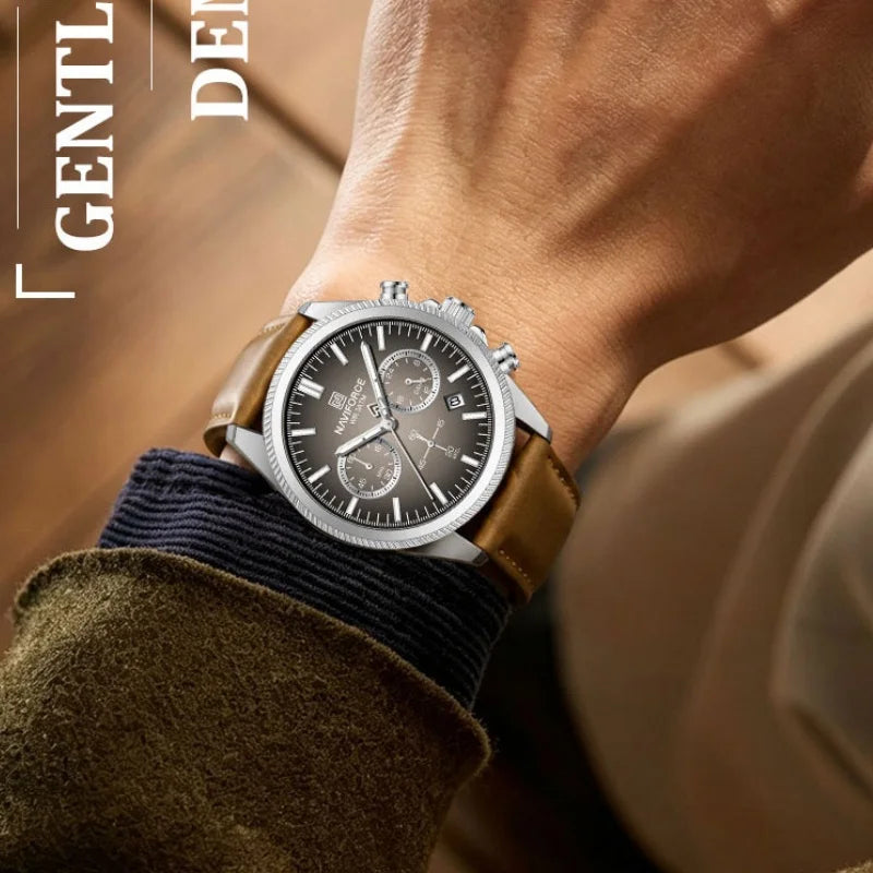 Reloj de cuarzo para hombre NAVIFORCE de marca líder, cronógrafo, indicador de fecha, resistente al agua, luminoso, correa de cuero auténtico, estilo casual de negocios, regalo para hombre