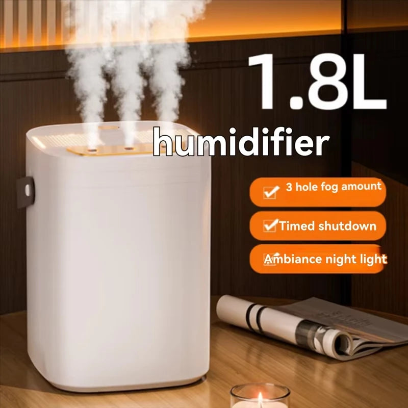 Humidificador Evaporativo de 1.8L con 3 Niveles de Pulverización y Luz Nocturna, Difusor de Perfume de Tres Boquillas, Humidificador de Aire para Dormitorio