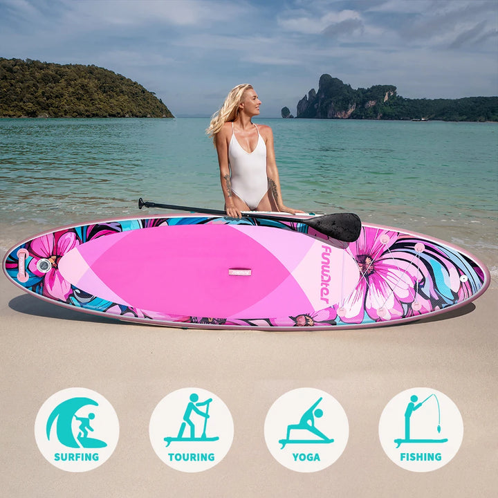 Funwater SUPFW36B Tabla Paddle Surf Hinchable Tabla SUP 335x84x15cm 165kg+ Rosa Flores Turquesa EVA Antideslizante Soporte Cámara Tres Quillas Lagos Costa Yoga Pesca Travesía Vacaciones Kit Accesorios