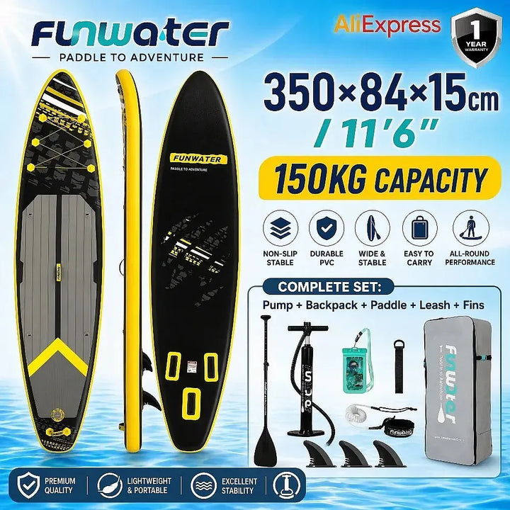 Tabla de Paddle Surf Inflable FunWater SUPFW16K 350x84x15cm, Capacidad 150kg, Antideslizante y Estable, con Bomba, Mochila, Remo, Correa y Aletas para Adultos y Principiantes en Deportes Acuáticos