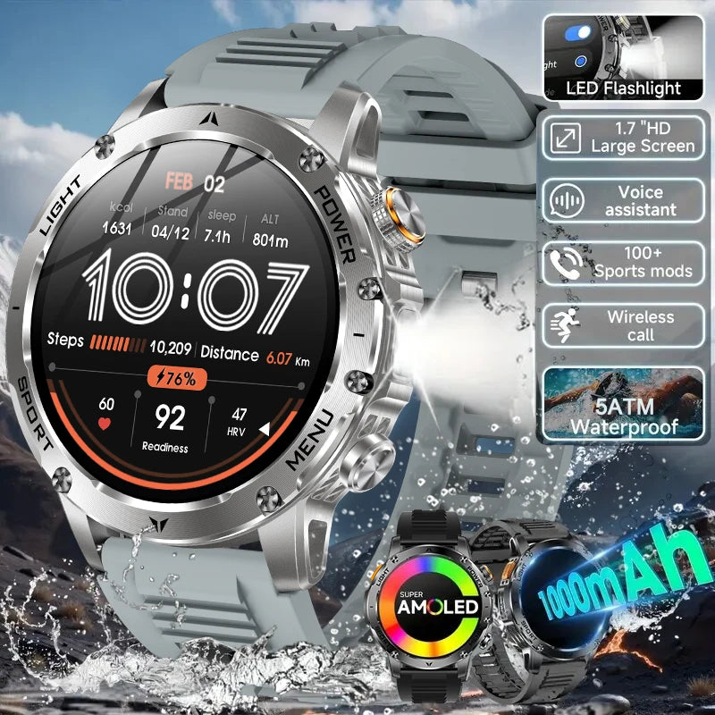 Reloj inteligente deportivo para exteriores con GPS 2026, pantalla AMOLED, linterna LED, frecuencia cardíaca, resistente al agua, llamadas por Bluetooth, batería de 1000 mAh, para hombre