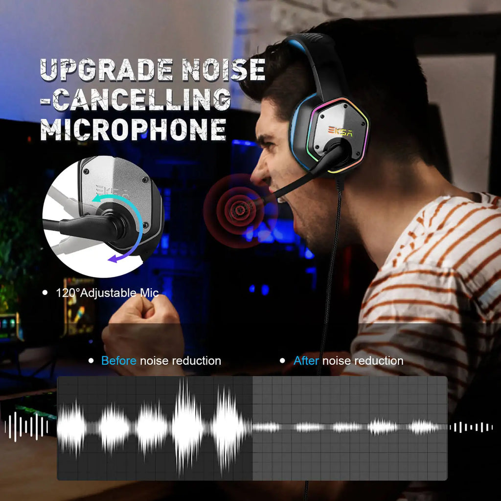 Auriculares gaming con micrófono con cancelación de ruido y diadema con luces