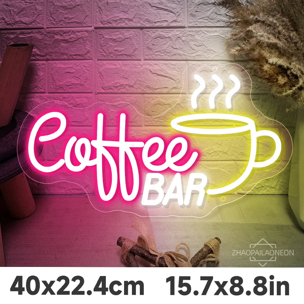 Letrero LED de neón «Coffee WBAR» con taza; rosa, blanco y amarillo