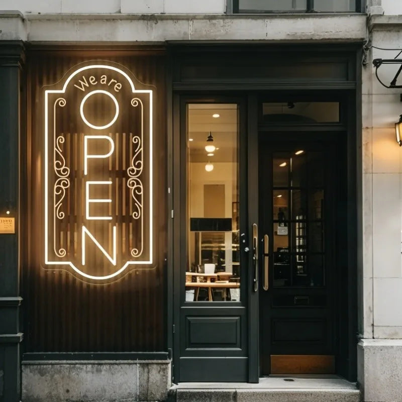 Letrero de neón LED «OPEN» con luz blanco cálida, contorno decorativo