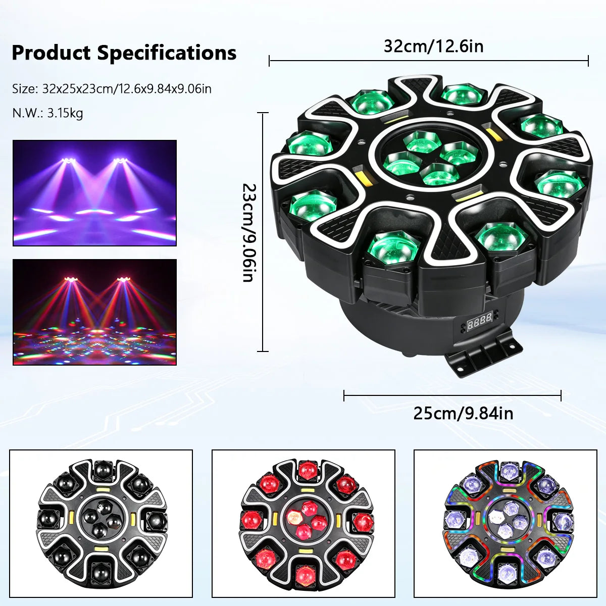 Luz Móvil de 8 Brazos con Efecto Ojo de Abeja de 240W, Combinación de Haz, Láser y Estroboscópico, Control por Sonido/Remoto, para Bares/KTV/Fiestas