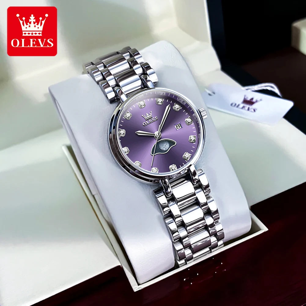 Reloj de cuarzo OLEVS para mujer, elegante y a la moda, con esfera de pedrería morada, resistente al agua, luminoso, original, de lujo.