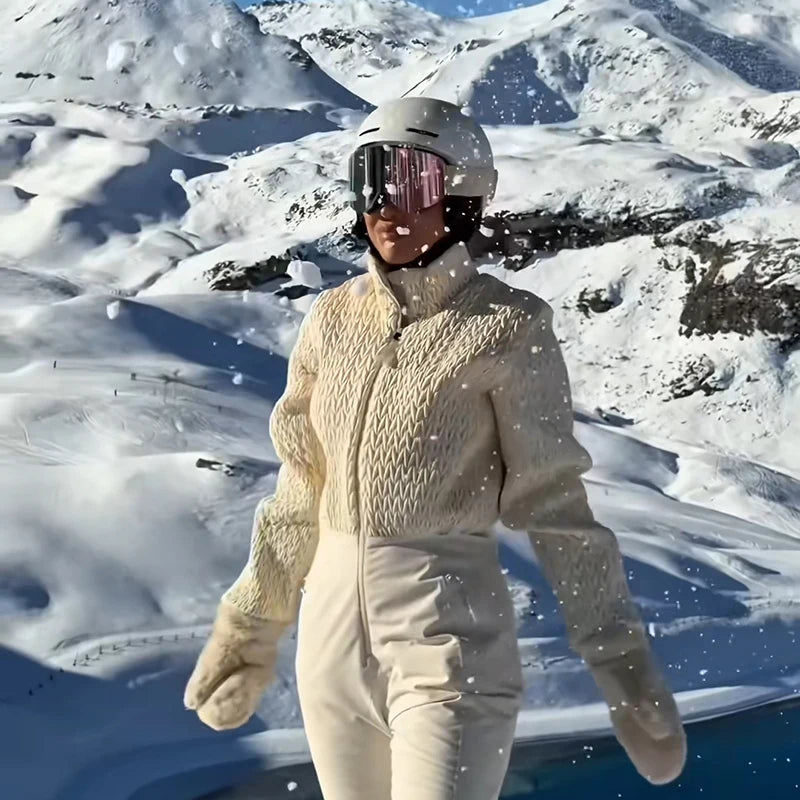 Traje de esquí de una sola pieza con textura para mujer, cuello alto, cierre con cremallera, cinturón, mono de snowboard, ropa de esquí de invierno aislada y cálida para actividades al aire libre.
