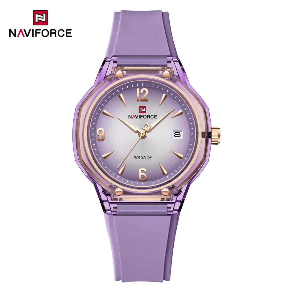 Reloj de moda para mujer NAVIFORCE resistente al agua con pantalla de manecillas luminosas, correa de silicona elegante y brillo nocturno