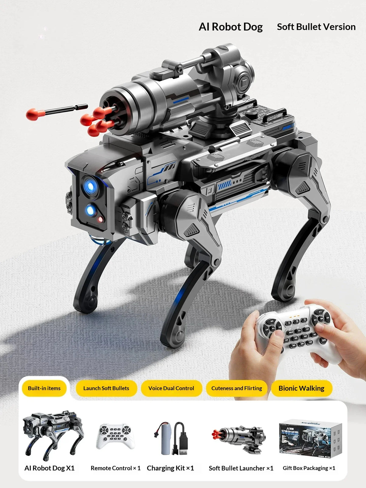 Perro robot mecánico gris con luces azules y lanzador, versión bala blanda