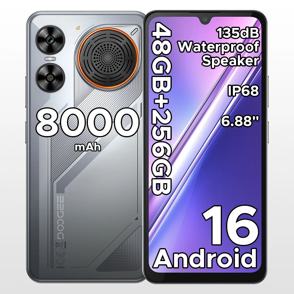 Smartphone DOOGEE M30 IA 6,88" IP68 Resistente al agua Android 16 Batería de 8000 mAh 48 GB RAM (6+42) 256 GB ROM Cámara de 64 MP Widevine L1 Compatible con Google Pay y altavoz de gran amplitud de 135 dB
