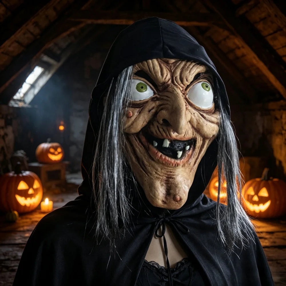 Máscara Realista de Bruja Malvada con Capucha y Cabello, Máscara de Látex para Fiesta de Halloween, Cosplay, Broma, Accesorios