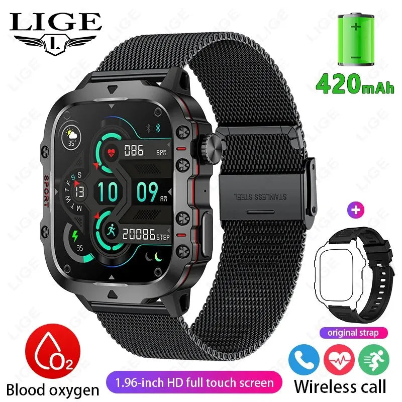 LIGE Nuevo Reloj Inteligente Pantalla de 1.96 Pulgadas 420 mAh Llamada Bluetooth Asistente de Voz Reloj Deportivo Fitness Reloj Inteligente Impermeable para Hombre