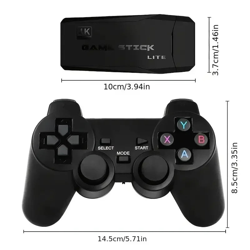 Mando inalámbrico negro y consola retro negra con medidas