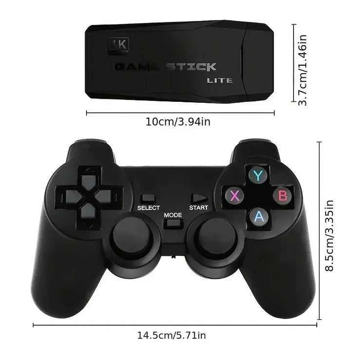 Mando inalámbrico negro y consola retro negra con medidas