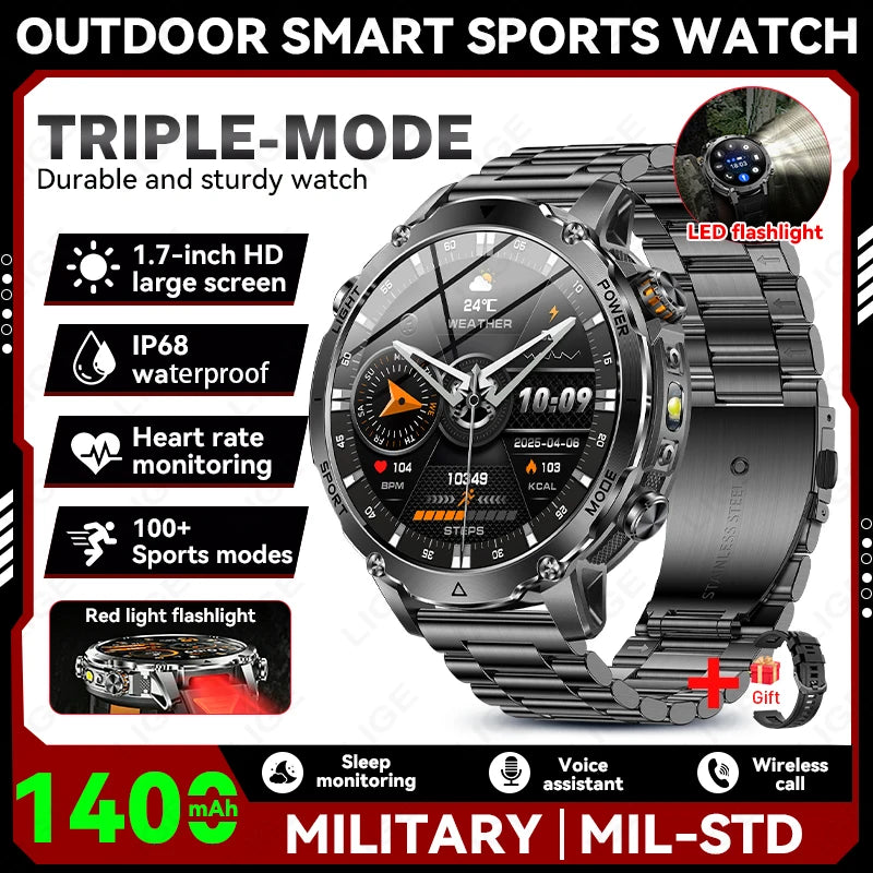 Reloj inteligente deportivo con batería ultra grande de 1400 mAh, frecuencia cardíaca, linterna táctica potente, resistente al agua 10ATM y llamadas para hombre