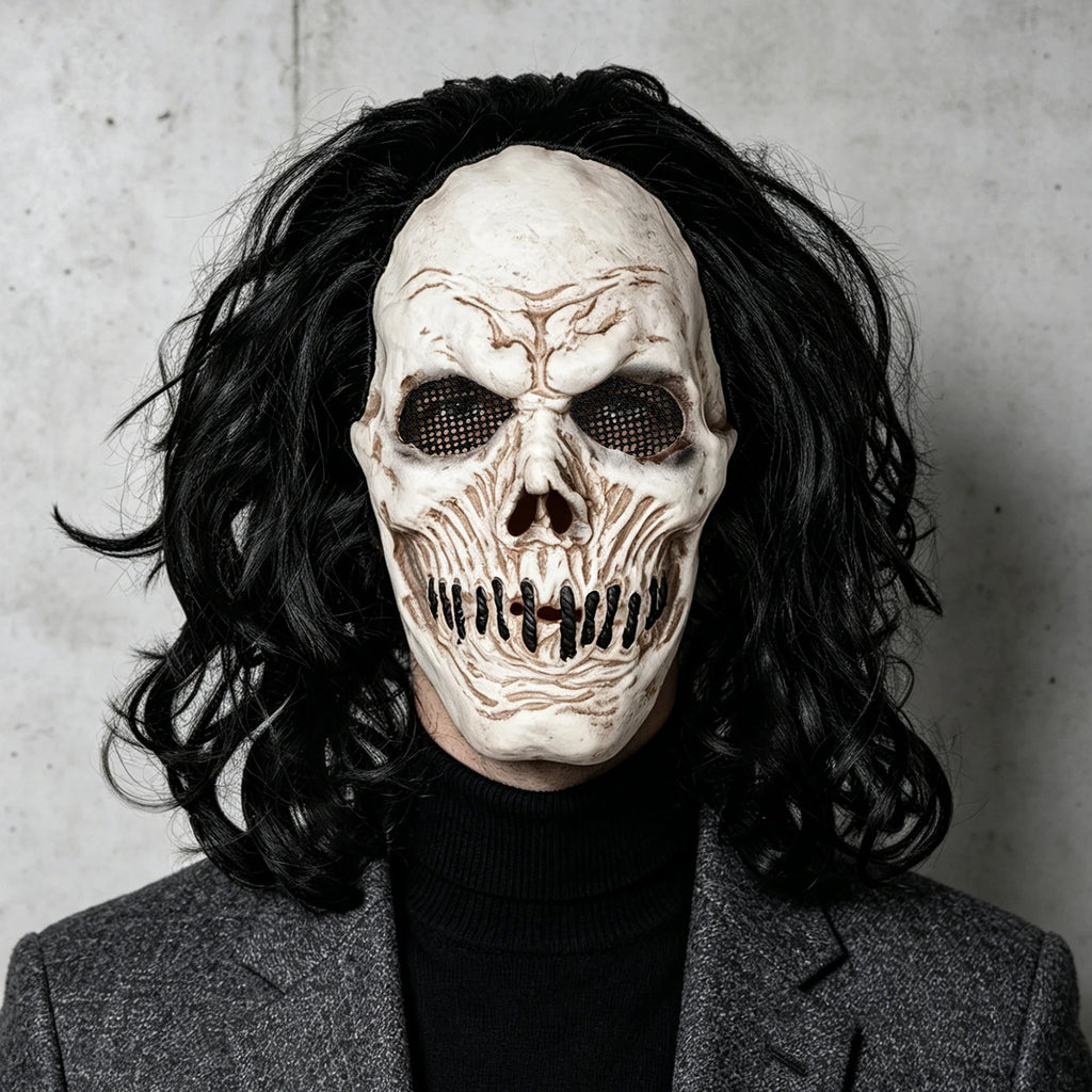 Máscara de Calavera de Pelo Largo Negro, Perfecta para Fiestas, Bromas de Halloween, Bailes de Máscaras y Fiestas de Carnaval, Hecha de Látex, Suave y Duradera