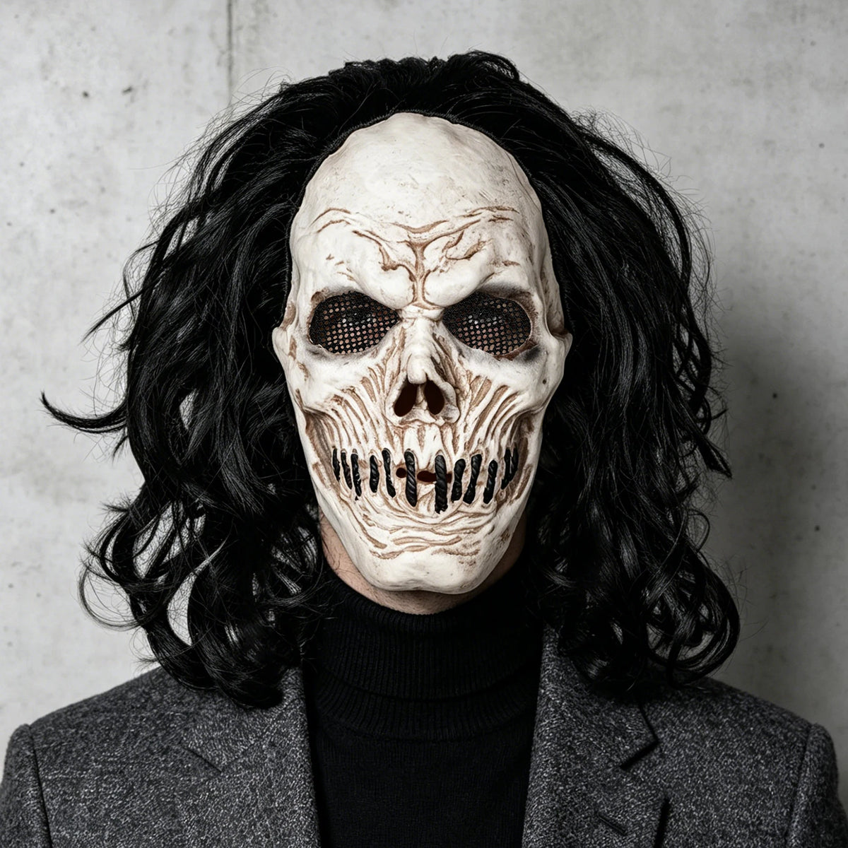 Máscara de Calavera de Pelo Largo Negro, Perfecta para Fiestas, Bromas de Halloween, Bailes de Máscaras y Fiestas de Carnaval, Hecha de Látex, Suave y Duradera