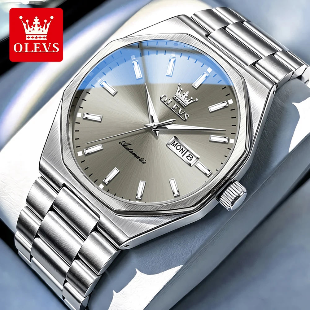 Reloj OLEVS 6786 para hombre, movimiento mecánico, diseño de sección transversal 3D, luz nocturna, ventana de calendario, día de la semana, correa de acero