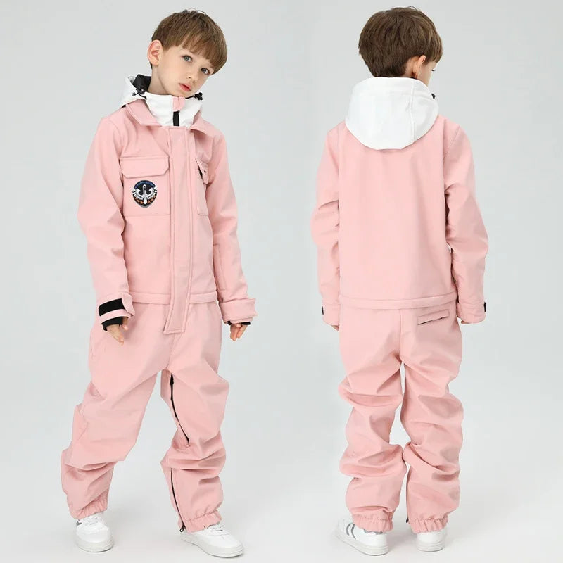 Traje de nieve de una pieza para niño, Mono de esquí con capucha, a prueba de viento, pantalones de Snowboard al aire libre, ropa de disfraz, Invierno