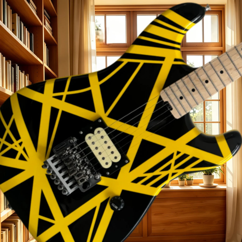 Guitarra de rock para principiantes, lista para enviar, puente ajustable, amarilla y negra, mástil de arce, pastilla H, instrumento de cuerda de nivel básico para aficionados a la música.