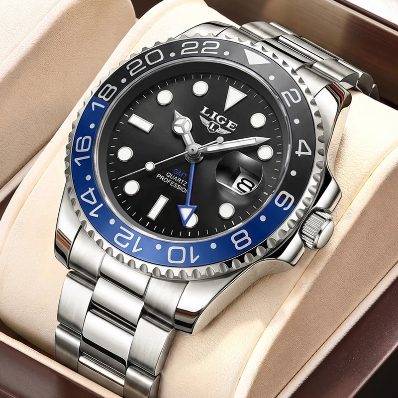 LIGE Nuevos relojes de cuarzo GMT para hombre, marca de lujo, reloj de buceo de moda, cronógrafo deportivo informal resistente al agua, Montre Homme