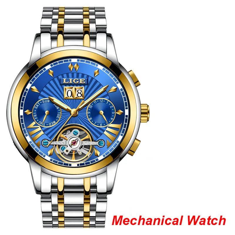 Reloj de pulsera mecánico automático LIGE 2026 para hombre, reloj de lujo de marca superior con tourbillon, reloj de moda para hombre, resistente al agua para negocios