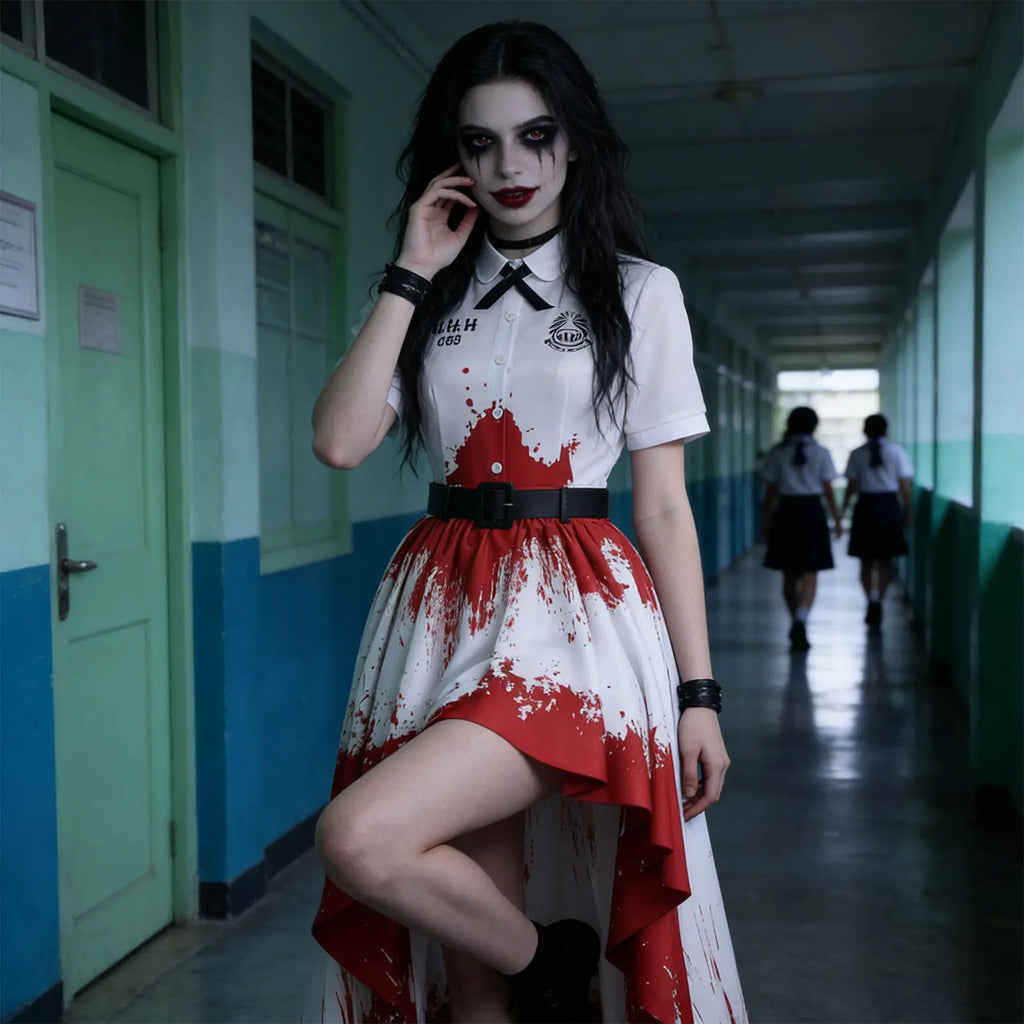 Disfraz de Cosplay de Chica Prohibida de Terror en Rojo, Vestido Manchado de Sangre, Disfraz de Carnaval de Halloween para Mujer