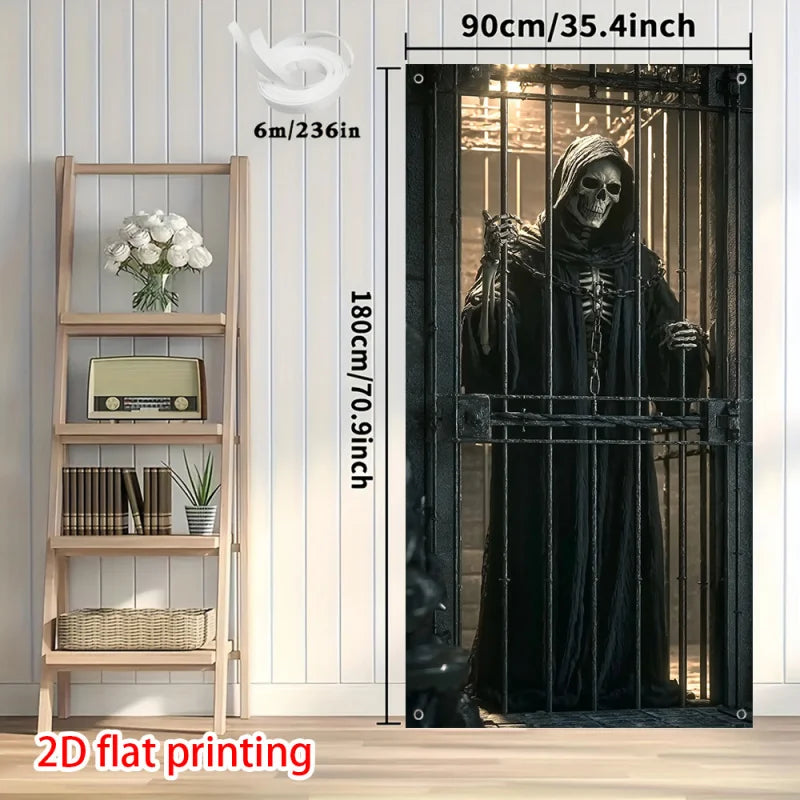 1 unidad, Cortina gótica 2D plana con diseño de calavera y jaula, ideal para fiestas de Halloween, uso interior/exterior, wsj