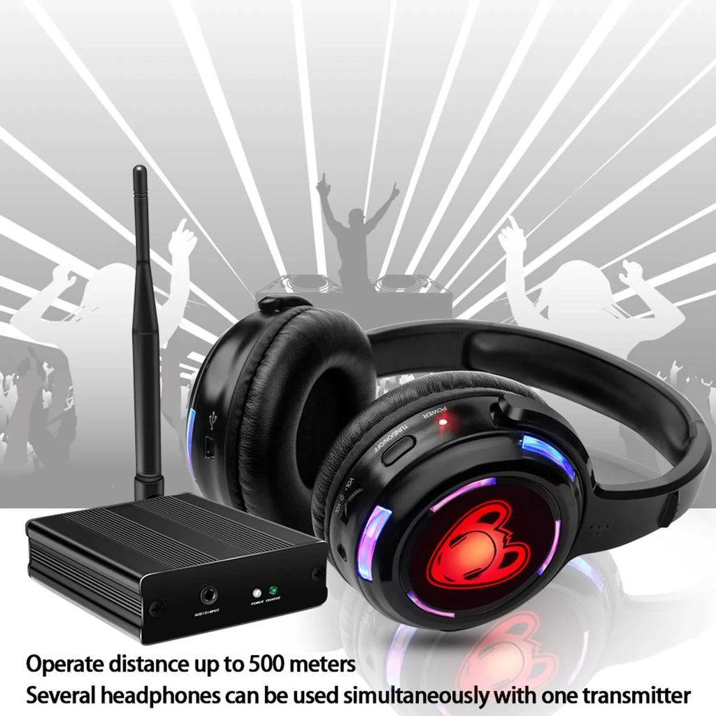 El mejor sistema de auriculares para discoteca silencioso, auriculares LED intermitentes con transmisor de 3 canales y 500M, inalámbrico RF para iPod, MP3, DJ y música