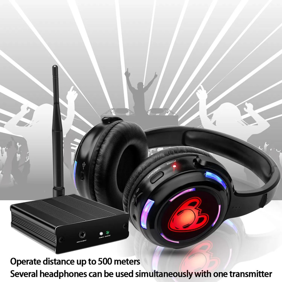 El mejor sistema de auriculares para discoteca silencioso, auriculares LED intermitentes con transmisor de 3 canales y 500M, inalámbrico RF para iPod, MP3, DJ y música
