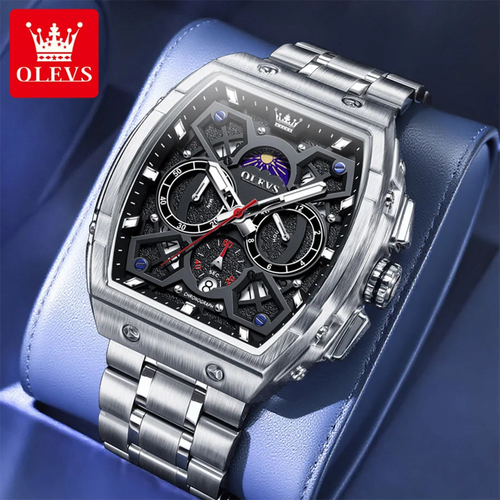 Reloj para hombre OLEVS esqueleto con fase lunar, resistente al agua, de acero inoxidable, con fecha automática, reloj original para hombre