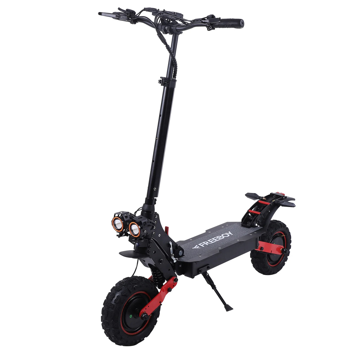 Patinete eléctrico plegado negro con ruedas todoterreno y luces traseras rojas
