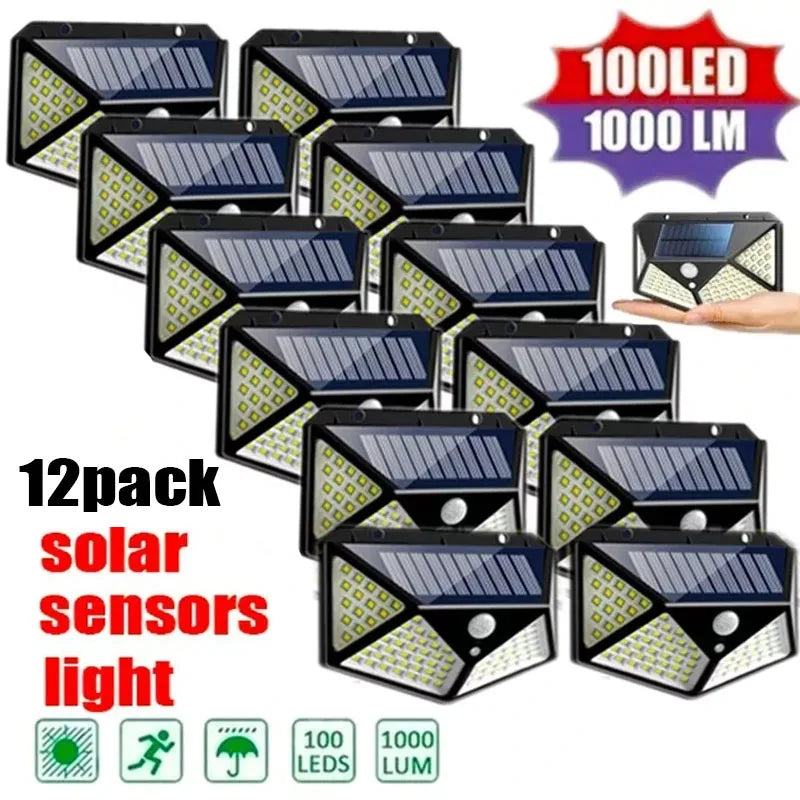 Paquete de 12 lámparas solares de pared de 100 LED con 3 modos, sensor de movimiento de seguridad, luces solares impermeables para exteriores para patio, garaje, terraza y jardín