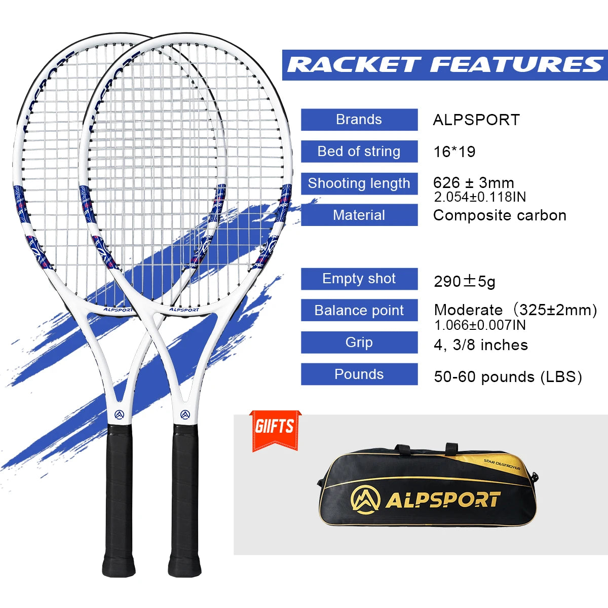 ALPSPORT T800 18K Raqueta de Tenis Profesional de Fibra de Carbono – Ligera (280g) con Bolsa y Correa Antideslizante, Envío Rápido para Entrenamiento
