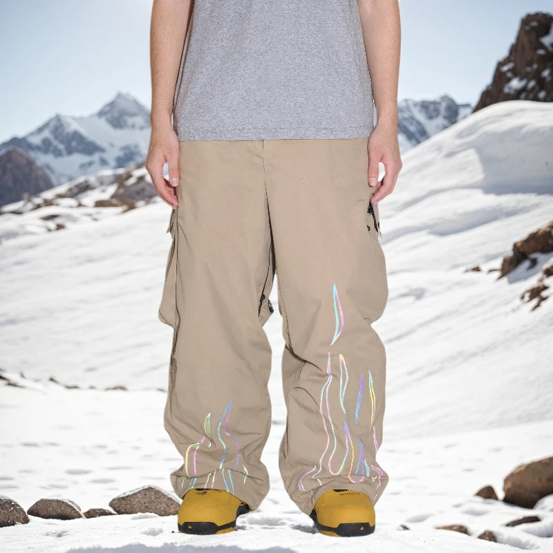 Nuevo GSOU SNOW reflectante llama gráfico hombres holgados Snowboard pantalones de invierno mujeres nieve impermeable Cargo snowboard pantalones de esquí