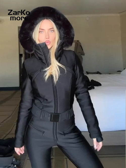 Mono de esquí con capucha para mujer, cuello alto, cremallera, cintura alta, cortavientos, ropa de abrigo, invierno 2026, novedad en ropa de esquí para mujer
