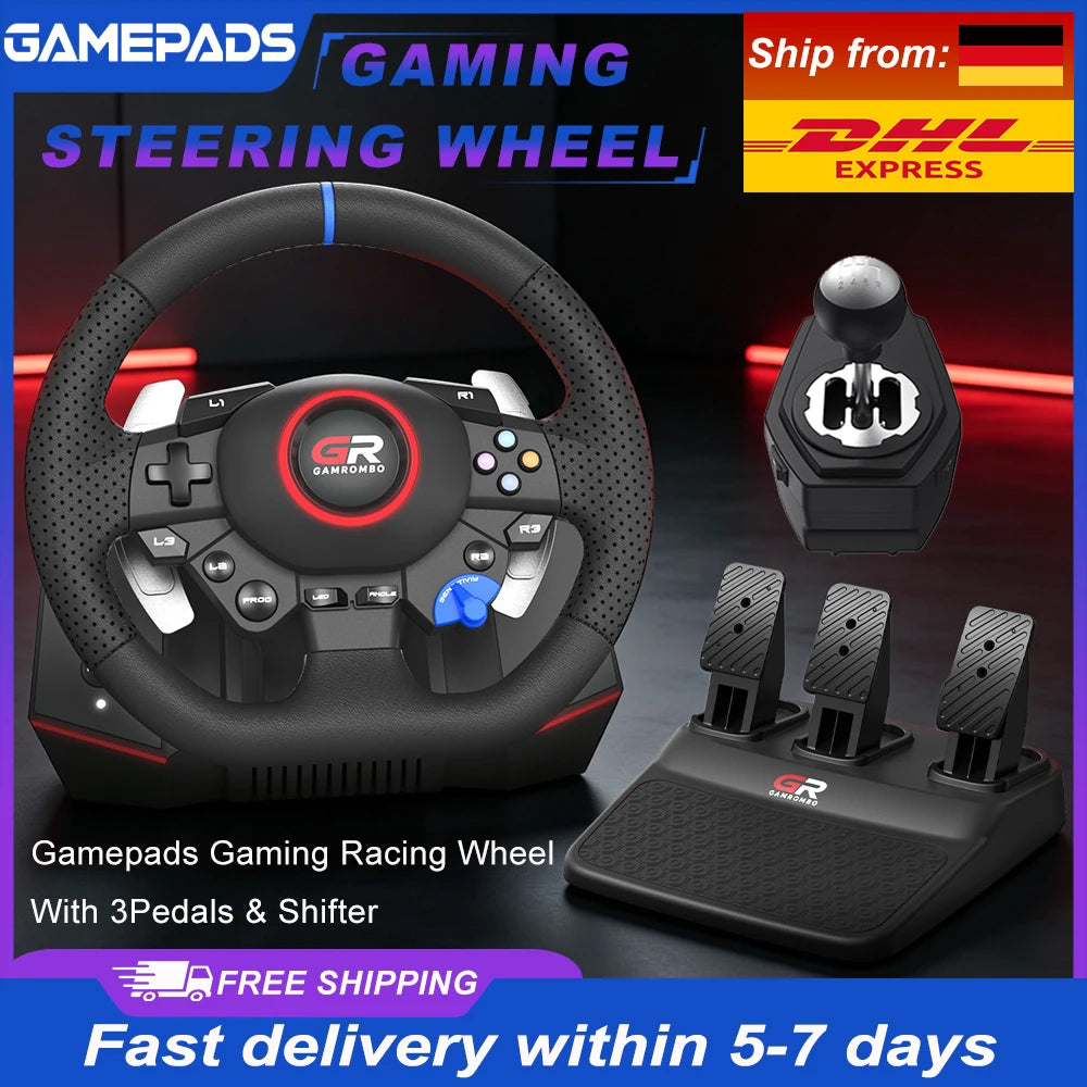 Volante de carreras con simulador RGB, giro de 270° y 900°, vibración macro, sensor Hall, set de 3 pedales y palanca de cambios para PS5/PS4/PC