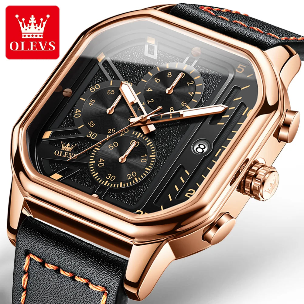 Reloj de pulsera de cuarzo original para hombre OELVS 9950, resistente al agua, luminoso, con correa de piel, cronógrafo, fecha y tres subesferas
