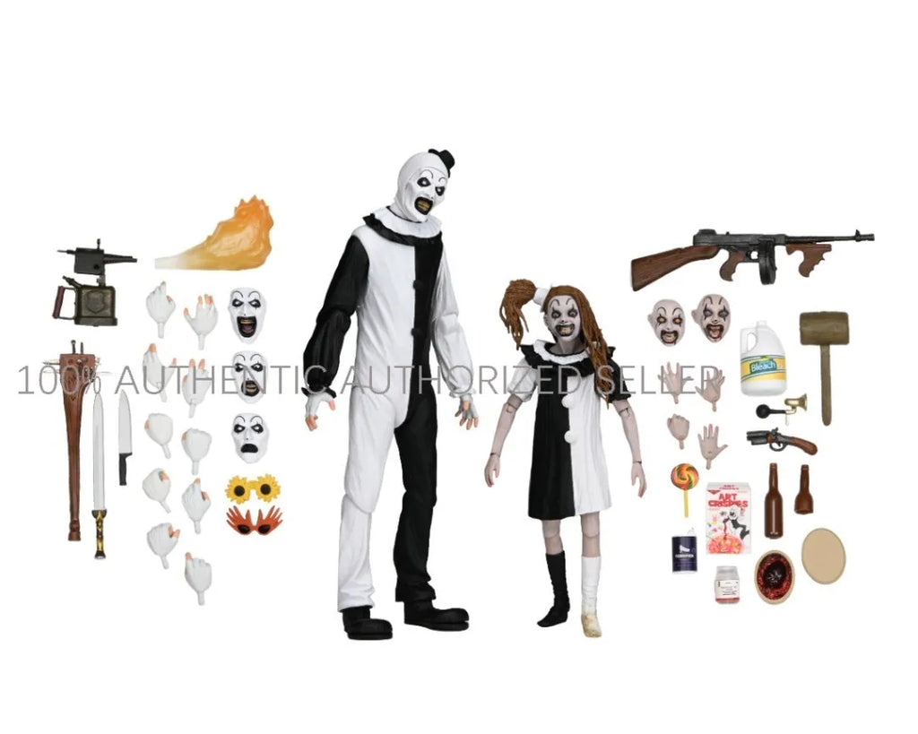 100 % originales, figuras de acción a escala de 7 pulgadas de la colección Terrifier 2 de NECA Toys: The Ultimate Art, con los personajes The Clown y The Little Pale Girl. Paquete de 2 figuras.