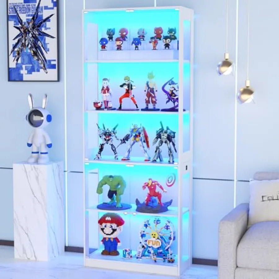 Vitrina de 80'' con puerta de cristal para salón, cristal templado y madera, negra, estantes ajustables e iluminación LED