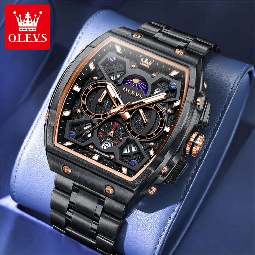 Reloj para hombre OLEVS esqueleto con fase lunar, resistente al agua, de acero inoxidable, con fecha automática, reloj original para hombre
