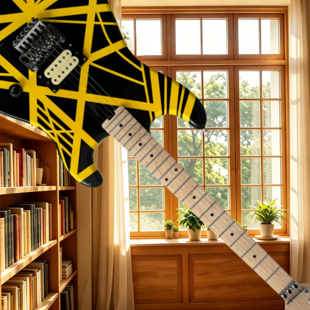 Guitarra de rock para principiantes, lista para enviar, puente ajustable, amarilla y negra, mástil de arce, pastilla H, instrumento de cuerda de nivel básico para aficionados a la música.