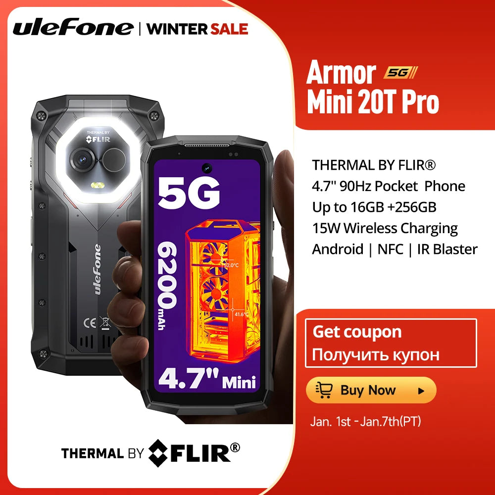 Ulefone Armor Mini 20T Pro 5G TÉRMICO Teléfono robusto de 4.7" Smartphone Android 14 256GB ROM Teléfono móvil con cámara térmica