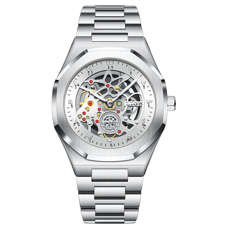 Reloj LIGE de lujo para hombre, diseño esqueleto automático, reloj de pulsera de cuarzo con esfera, impermeable, luminoso, con correa de acero para hombre