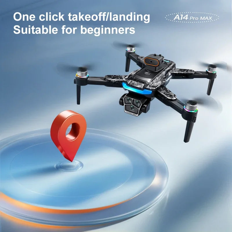 Dron RC negro con cámara doble, cuatro hélices y luces LED