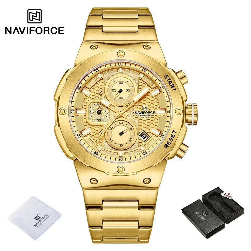Reloj NAVIFORCE de lujo para hombre, con cronógrafo de cuarzo, luminoso, calendario, resistente al agua, de acero inoxidable, estilo deportivo y militar.