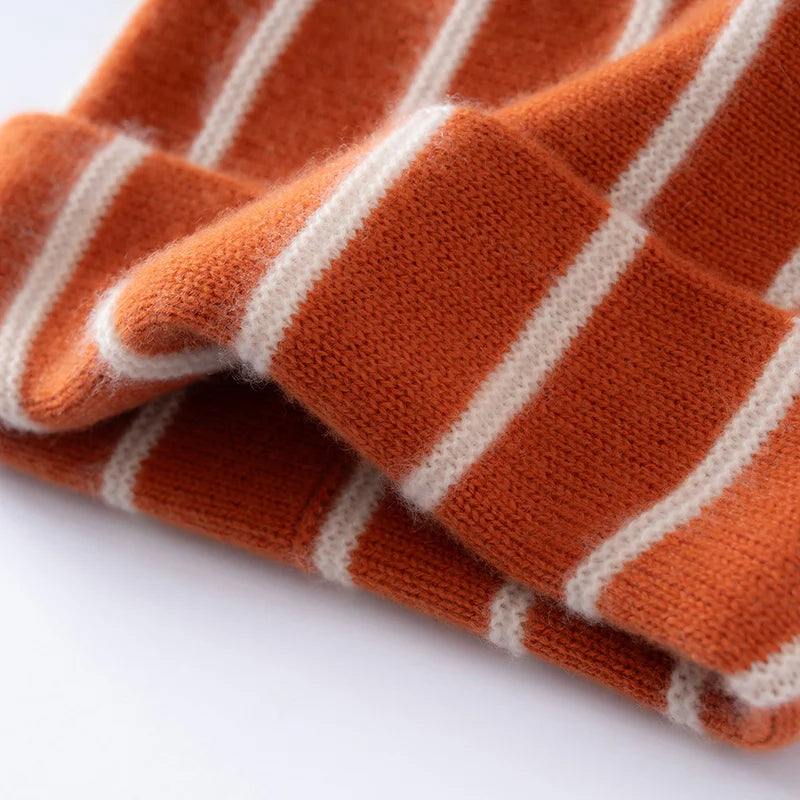 2026 Nuevo Gorro de Cachemira Pura a Rayas con Borde, Gorro Cálido de Invierno para Mujer, para Montar a Caballo, Esquiar al Aire Libre, Gorro de Moda Tejido