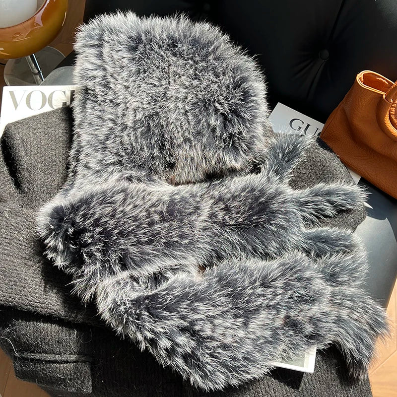 Gorro de invierno con forro de piel de zorro auténtica, gorro con bufanda integrada, gorro cálido y de diseño moderno, gorro de piel de zorro de doble cara, con forro de felpa gruesa y protección para las orejas.