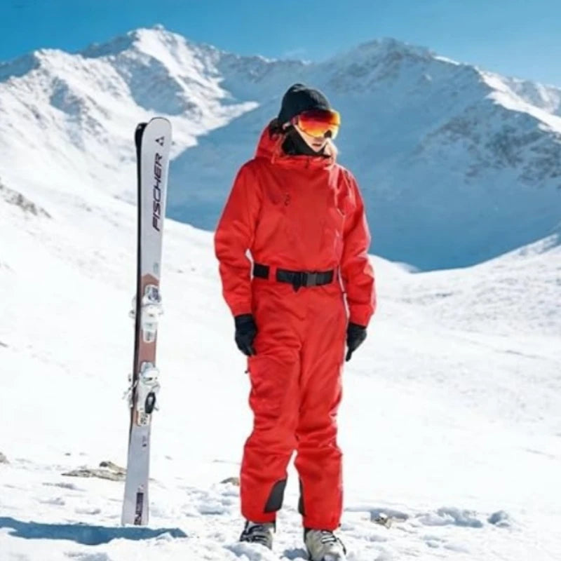 Trajes de esquí de una pieza para mujer 2026, monos de invierno aislados, impermeables, para snowboard, con cinturón y capucha, para actividades al aire libre