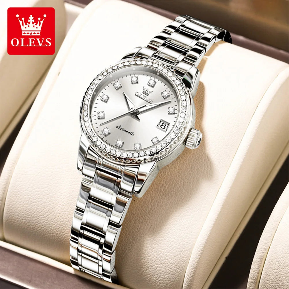 Reloj mecánico para mujer OLEVS 7003, elegante reloj de pulsera con esfera de diamantes de lujo, calendario, resistente al agua y luminoso